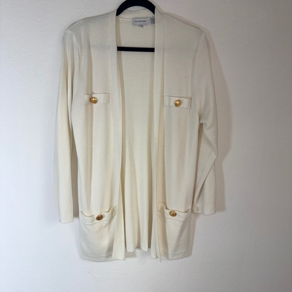 Jacobson's Cardigan Sweater Small Cream Gold Crest Button Open Front  nautical
